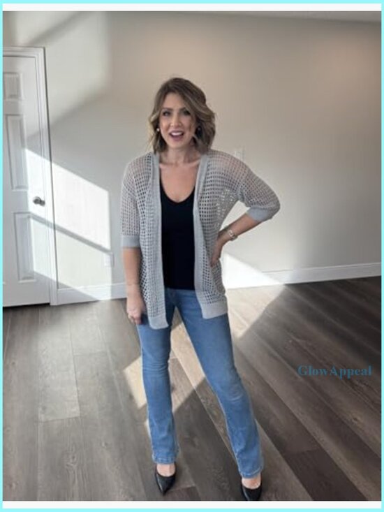 Lightweight Crochet Cardigan Short Sleeve Kimono Open Front Sweater - Picture 3 of 7